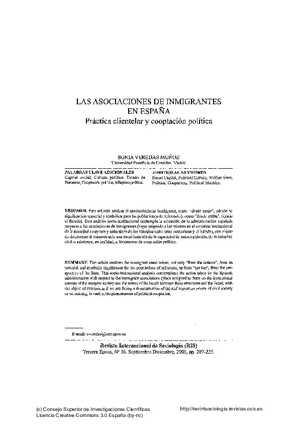 Las asociaciones de inmigrantes en España. Práctica clientelar y cooptación política