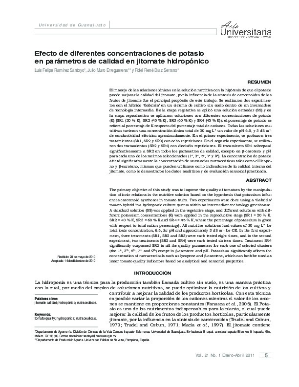 Efecto de diferentes concentraciones de potasio en parámetros de calidad en jitomate hidropónico