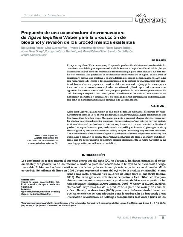 Propuesta de una cosechadora-desmenuzadora de Agave tequilana Weber para la producción de bioetanol y revisión de los procedimientos existentes