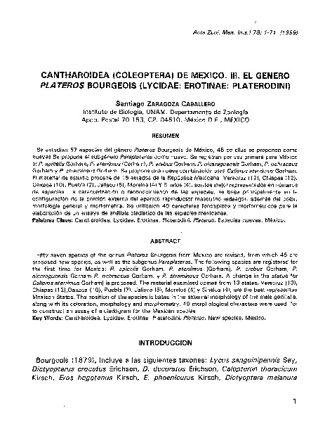 Catharoidea (coleóptera) de México. III. El género plateros Bourgeois (Lycidae: Erotinae: Platerodini)