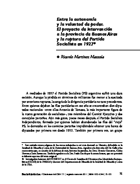 Entre la autonomía y la voluntad de poder: El proyecto de intervención a la provincia de Buenos Aires y la ruptura del Partido Socialista en 1927