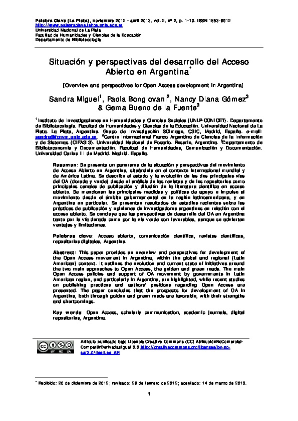 Situación y perspectivas del desarrollo del Acceso Abierto en Argentina