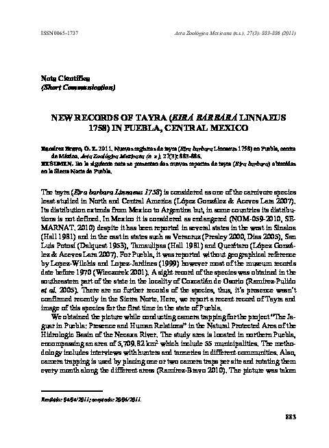 New records of tayra (eira barbara Linnaeus 1758) in Puebla, Central Mexico