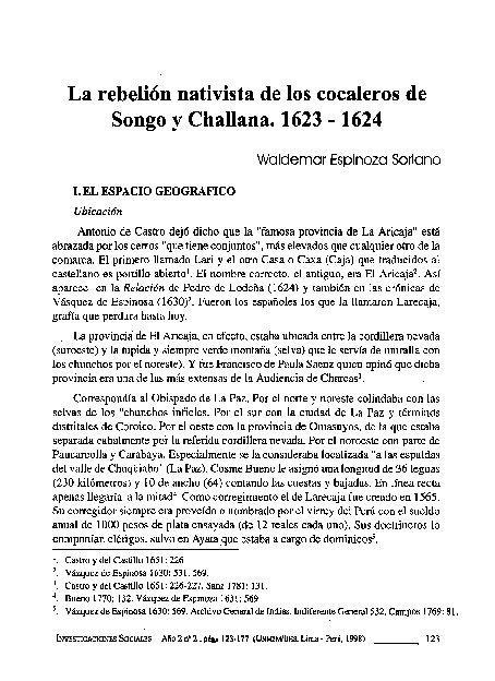 La rebelión nativista de los cocaleros  de Chongo y Challana. 1623 – 1624