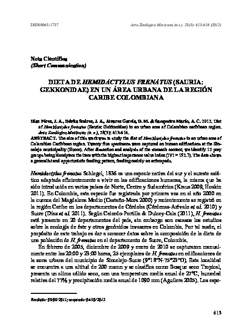 Dieta de hemidactylus frenatus (sauria: Gekkonidae) en un área urbana de la región caribe colombiana