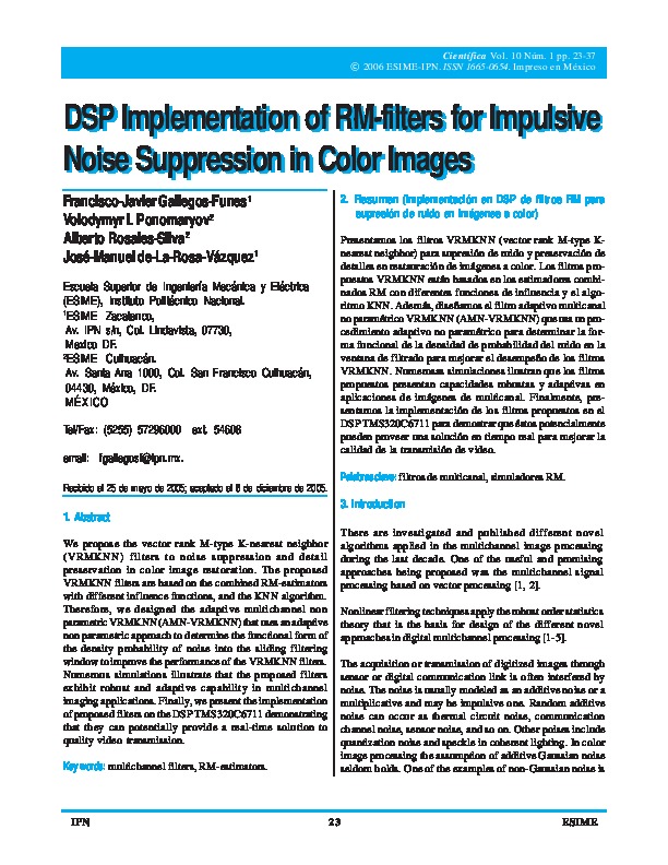 DSP Implementation of RM-filters for Impulsive Noise Suppression in Color Images