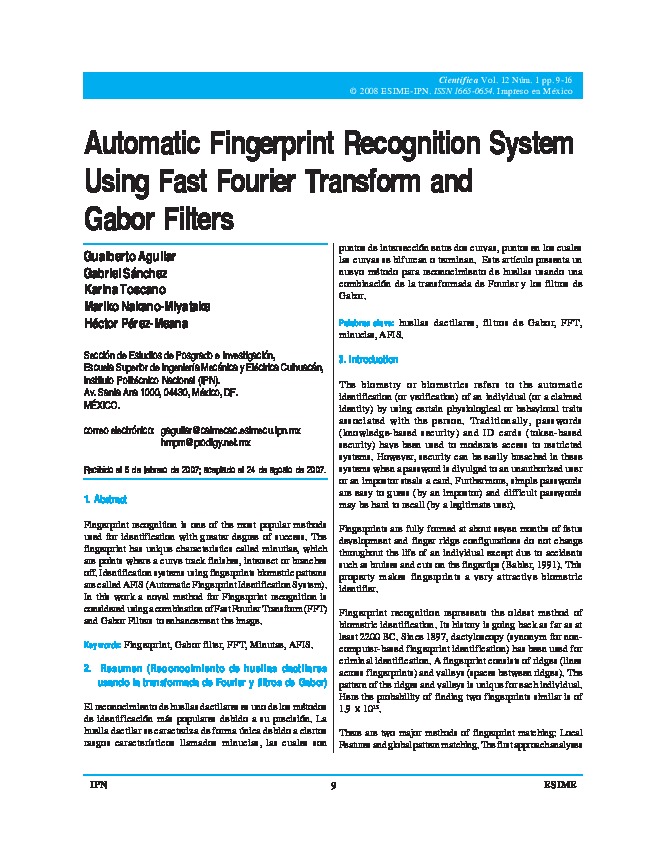 Automatic Fingerprint Recognition System Using Fast Fourier Transform and Gabor Filters