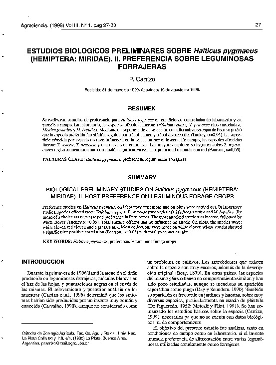Estudios biologicos preliminares sobre Halticus pygmaeus (HEMIPTERA: MIRIDAE). II. Preferencia sobre leguminosas forrajeras
