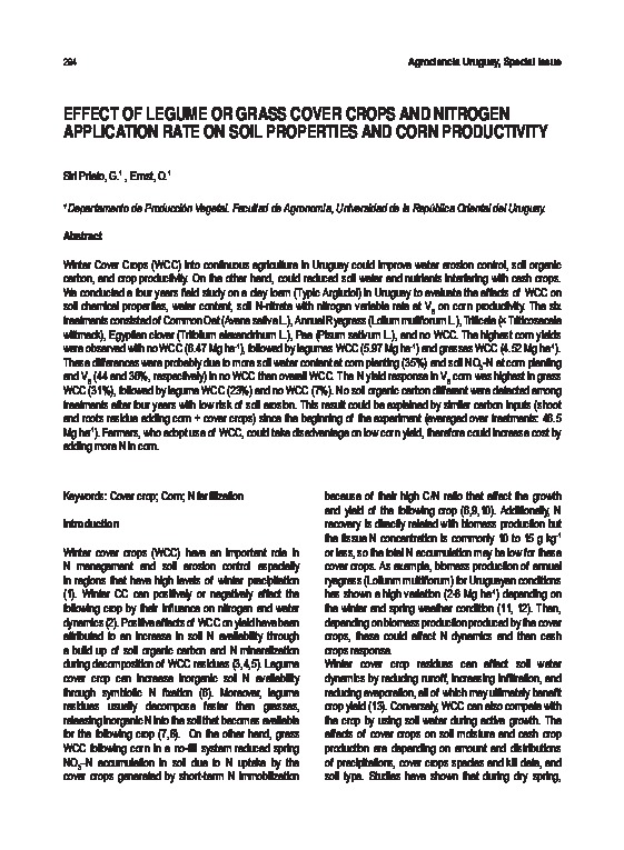 Effect of legume or grass cover crops and nitrogen application rate on soil properties and corn productivity 