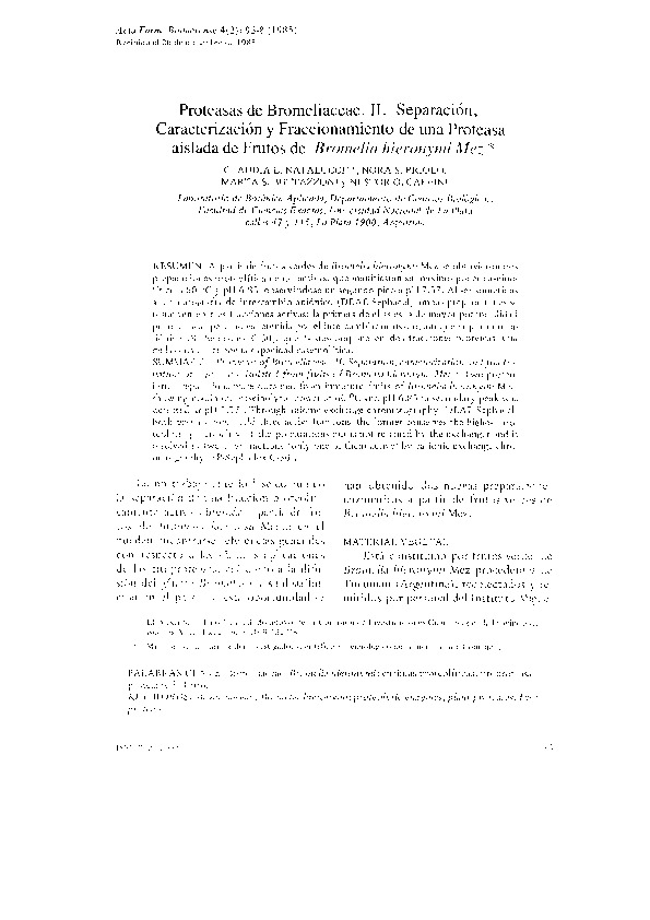 Proteasas de Bromeliaceae. II. Separación, caracterización y fraccionamiento de una proteasa aislada de frutos de Bromelia Hieronymi Mez
