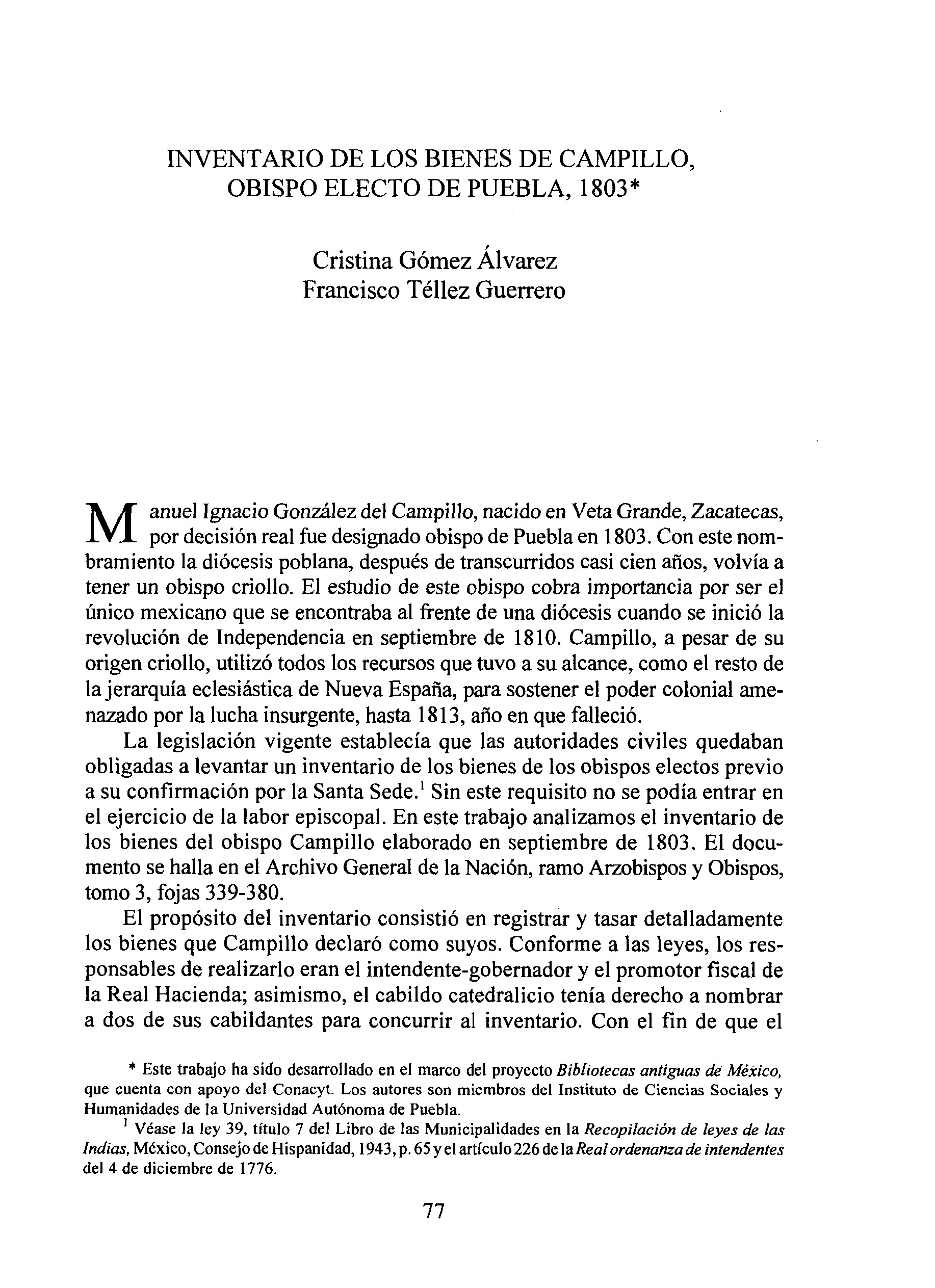 Inventario de los bienes de Campillo, obispo electo de Puebla, 1803 
