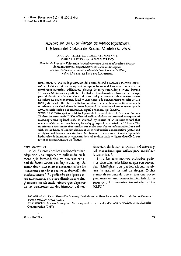 Absorción de clorhidrato de metocloprarnida. II. Efecto del colato de sodio: modelo in vitro