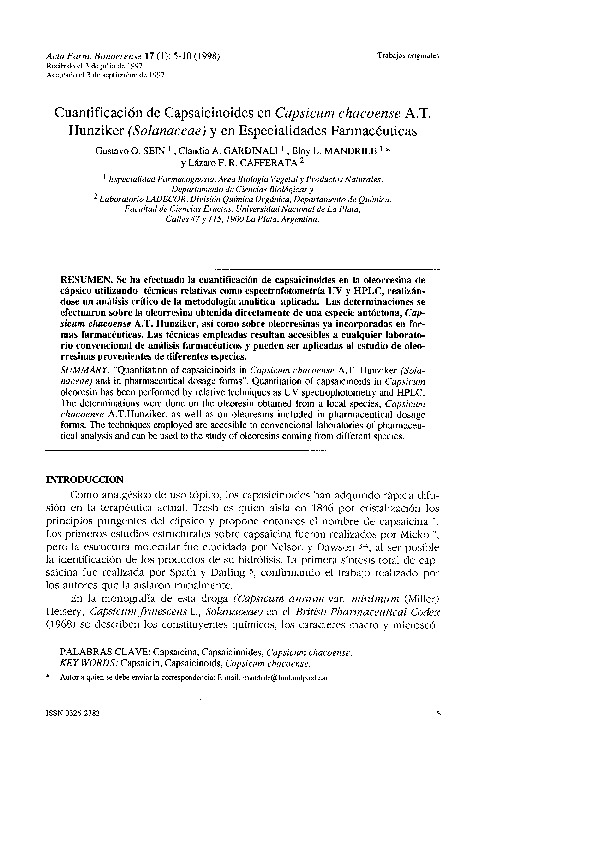 Cuantificación de capsaicinoides en Capsicum chacoense A.T. Hunziker (Solanaceae) y en especialidades farmacéuticas