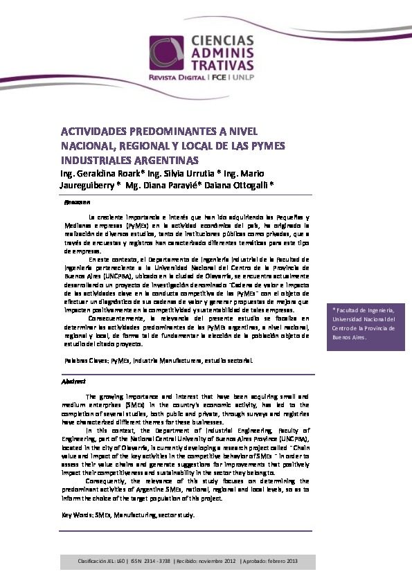 Actividades predominantes a nivel nacional, regional y local de las PyMEs industriales argentinas
