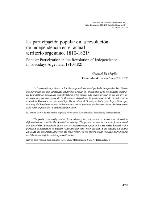 La participación popular en la revolución de independencia en el actual territorio argentino, 1810-1821
