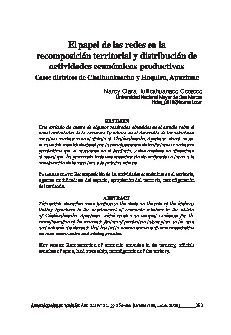 El papel de las redes en la recomposición territorial y distribución de las actividades económicas. Caso: distritos de Chalhuahuacho y Haquira, Apurímac