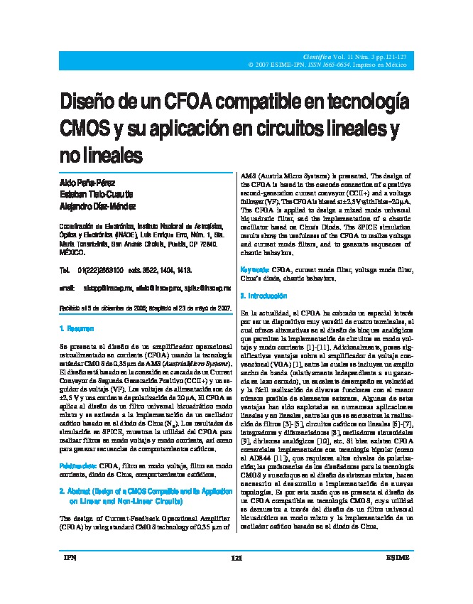 Diseño de un CFOA compatible en tecnología CMOS y su aplicación en circuitos lineales y no lineales
