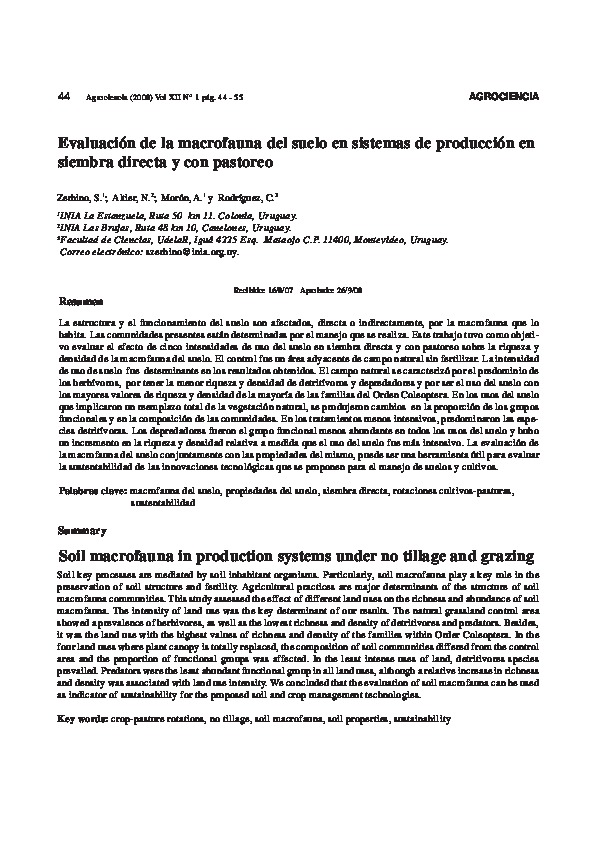 Evaluación de la macrofauna del suelo en sistemas de producción en siembra directa y con pastoreo