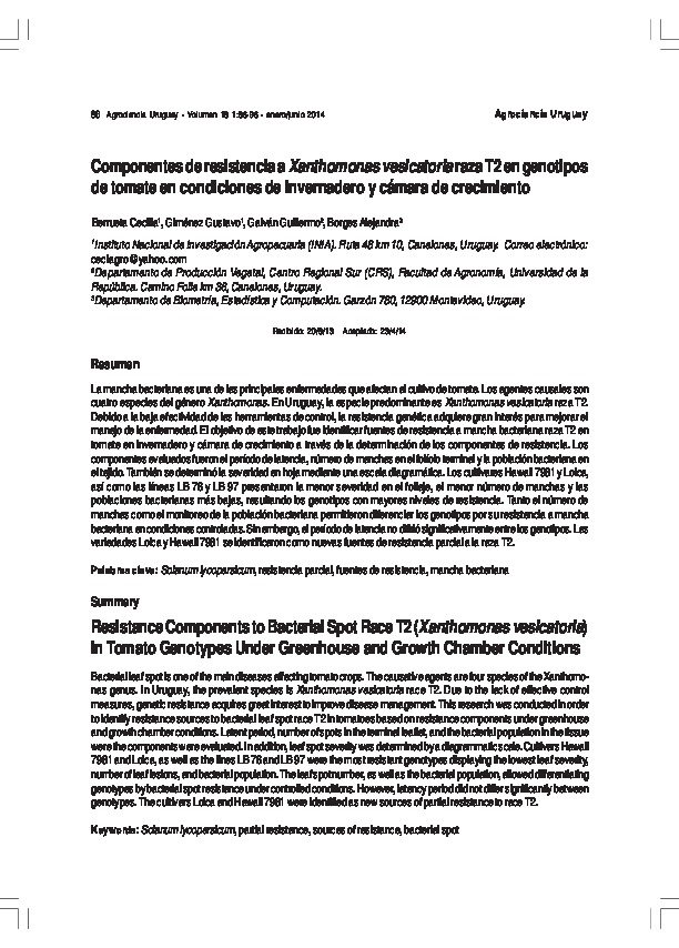 Componentes de resistencia a Xanthomonas vesicatoria raza T2 en genotipos de tomate en condiciones de invernadero y cámara de crecimiento