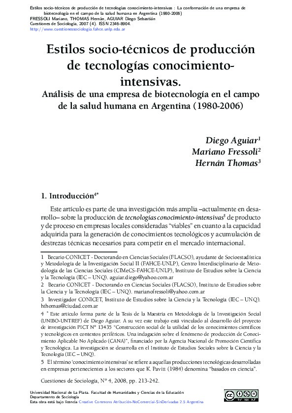Estilos socio-técnicos de producción de tecnologías conocimiento-intensivas. La conformación de una empresa de biotecnología en el campo de la salud humana en Argentina (1980-2006)
