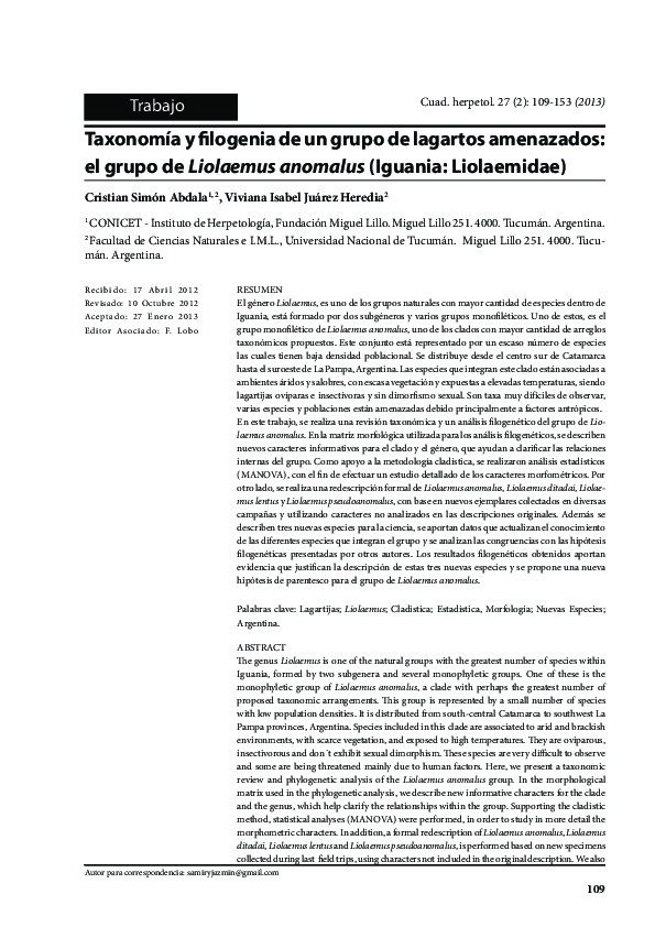 Taxonomía y filogenia de un grupo de lagartos amenazados: el grupo de Liolaemus anomalus (Iguania: Liolaemidae)